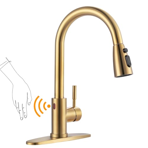 Touchless Kitchen Faucet Stainless Steel: WOWOW Smart Motion Sensor Kitchen Sink Faucet with Sprayer, Automatic Hand-free Brushed Gold Kitchen Faucet for Sink 1 or 3 Hole