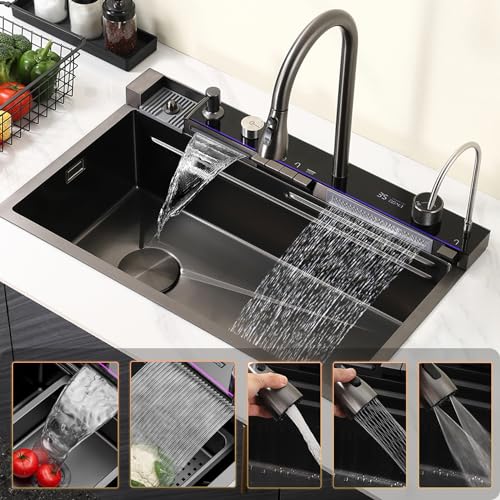 Black Kitchen Sink, Smart Waterfall Kitchen Sink 31.5" Drop In Kitchen Sink Workstation - 304 Stainless Steel Sink with Imitation honeycomb Nano Coating Single Bowl Kitchen Sinks with Faucet Combo