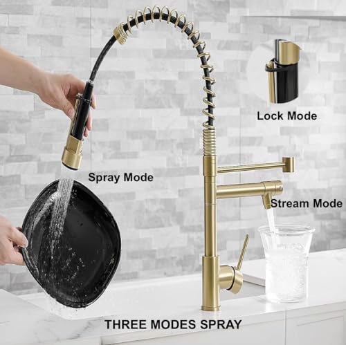 VIDEC Smart Kitchen Faucet, 3 Modes Pull Down Sprayer, Smart LED for Water Temperature Control, Ceramic Valve, 360-Degree Rotation, 1 or 3 Hole Deck Plate. (KW-21CG, Champagne Gold).