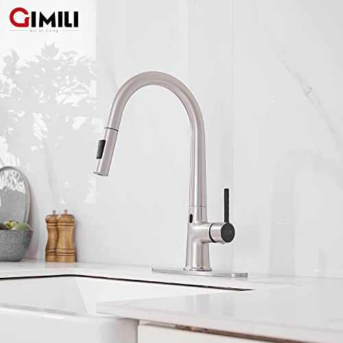 GIMILI Touchless Kitchen Faucet with AC Adapter, Brushed Nickel Motion Sensor Hands Free Smart Single Handle Kitchen Sink Faucet with Pull Down Sprayer