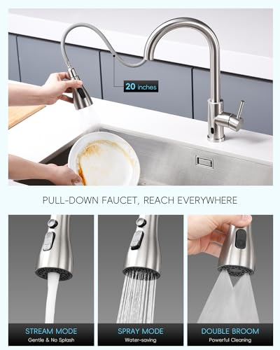 APPASO Touchless Kitchen Faucet with Pull-Down Sprayer, Kitchen Sink Faucet Touchless Brushed Nickel, Single Handle Hands-Free Motion Sensor Faucets Suitable for 1 or 3-Hole Sink, Stainless Steel