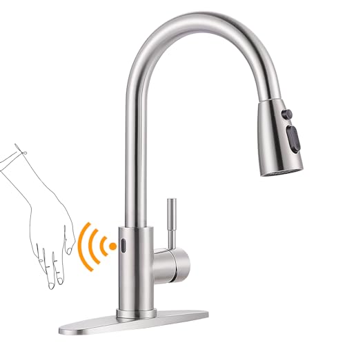Touchless Kitchen Faucet Stainless Steel: WOWOW Smart Motion Sensor Kitchen Sink Faucet with Sprayer, Stainless Steel Kitchen Faucet for Sink 1 or 3 Hole Brushed Nickel Single Handle Kitchen Tap