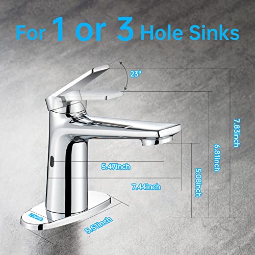 GOESMO Touchless Smart Bathroom Faucet for 1 or 3 Holes, Automatic Sensor Faucet 1 Handle, Adjustable Cold & Hot Temperature & Water Flow, Short & Long Instruction Modes, Metal Chromed Faucet