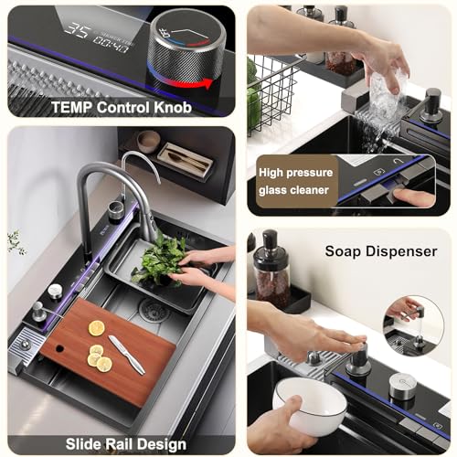 Black Kitchen Sink, Smart Waterfall Kitchen Sink 31.5" Drop In Kitchen Sink Workstation - 304 Stainless Steel Sink with Imitation honeycomb Nano Coating Single Bowl Kitchen Sinks with Faucet Combo
