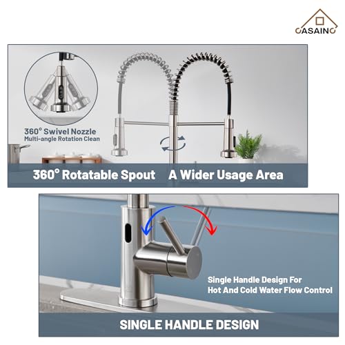 CASAINC Kitchen Faucet with Pull Down Sprayer, Touchless Motion Sensor Smart Activated Hands Free Single Handle, Brushed Nickel Kitchen Faucet for Bar Laundry Kitchen Sink