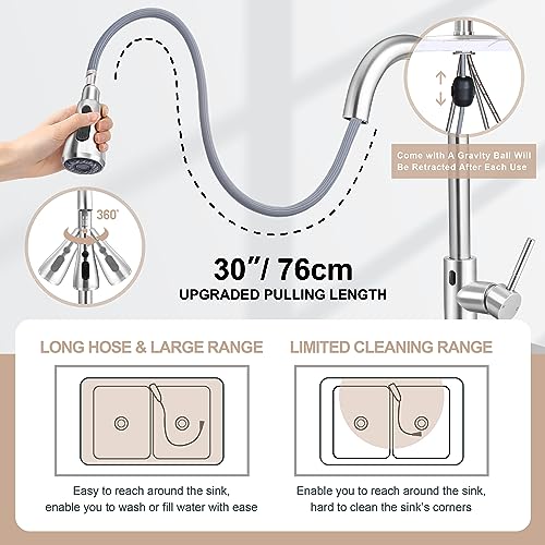 Touchless Kitchen Sink Faucet with Pull Down Sprayer, Herogo Brushed Nickel Stainless Steel Smart Activated Kitchen Faucet with Soap Dispenser, Single Handle Motion Sensor Faucet for Farmhouse RV Sink