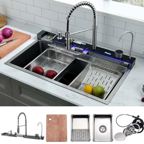 30 Inch Drop In Waterfall Kitchen Sink with Pull-out Faucet-Wesliv 30x18 Drop In Kitchen Sink Digital Display Kitchen Sink 18 Guage Multifunction Single Bowl Smart Kitchen Sink with Cup Washer