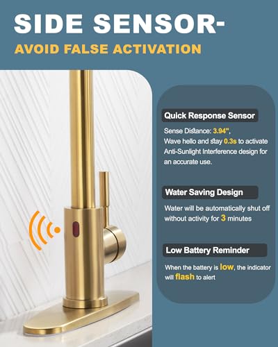 Touchless Kitchen Faucet Stainless Steel: WOWOW Smart Motion Sensor Kitchen Sink Faucet with Sprayer, Automatic Hand-free Brushed Gold Kitchen Faucet for Sink 1 or 3 Hole