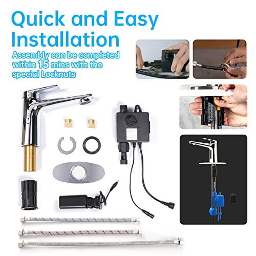 GOESMO Touchless Smart Bathroom Faucet for 1 or 3 Holes, Automatic Sensor Faucet 1 Handle, Adjustable Cold & Hot Temperature & Water Flow, Short & Long Instruction Modes, Metal Chromed Faucet