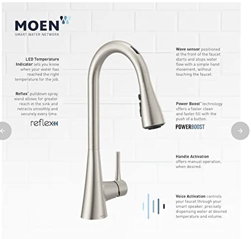 Moen Sarai 87836EVSRS Smart Faucet Spot Resist Stainless 1-Handle Deck-Mount Pull-Down Voice Activated Kitchen Faucet (Stainless Steel)