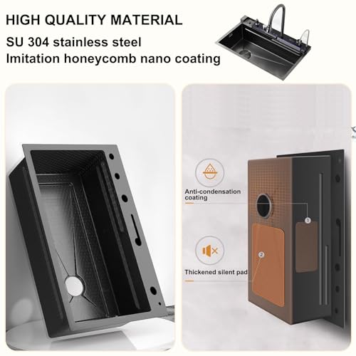 Black Kitchen Sink, Smart Waterfall Kitchen Sink 31.5" Drop In Kitchen Sink Workstation - 304 Stainless Steel Sink with Imitation honeycomb Nano Coating Single Bowl Kitchen Sinks with Faucet Combo