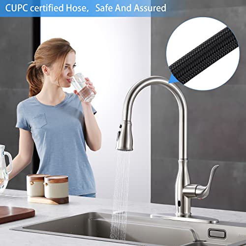 GUUKAR Touchless Kitchen Faucet with Pull Down Sprayer, Motion Sensor Smart Hands-Free Automatic Single Handle Kitchen Sink Faucet, Stainless Steel Brushed Nickel Finish