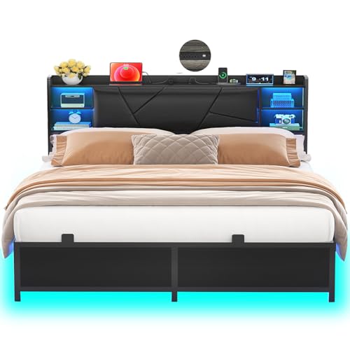Unikito Queen Size Bed Frame with Charging Station and RGB LED Lights, Sturdy Platform Bed with Upholstered Storage Headboard, Solid Metal Slats, Noise Free, No Box Spring Needed, Easy Assembly, Black