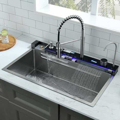 30 Inch Drop In Waterfall Kitchen Sink with Pull-out Faucet-Wesliv 30x18 Drop In Kitchen Sink Digital Display Kitchen Sink 18 Guage Multifunction Single Bowl Smart Kitchen Sink with Cup Washer