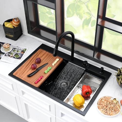 33 Black Drop In Waterfall Kitchen Sink with Faucet Combo-iAnomla 33x22 Drop In Kitchen Sink Smart Workstation Sink Black Quartz Multifunction Kitchen Sink Single Bowl Deep Kitchen Sink with Faucet