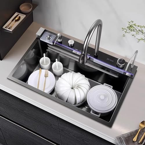 Black Kitchen Sink, Smart Waterfall Kitchen Sink 31.5" Drop In Kitchen Sink Workstation - 304 Stainless Steel Sink with Imitation honeycomb Nano Coating Single Bowl Kitchen Sinks with Faucet Combo