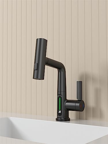 Weirun Bathroom Single Handle Basin Sink Pull Out Faucet with Rainfall Spray Head Temperature Digital Display Vanity Mixer Tap Matte Black