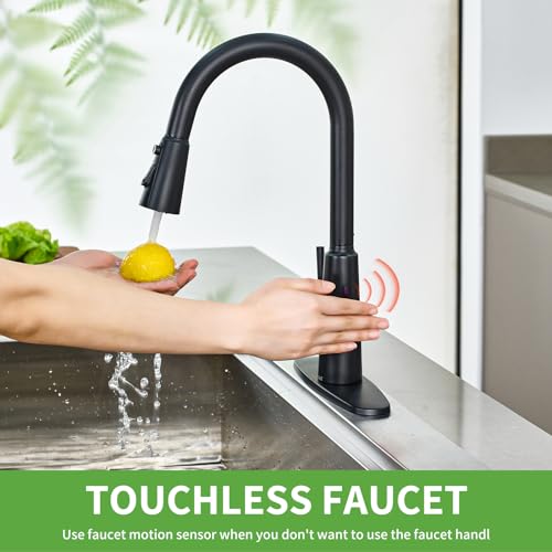 Tohlar Black Touchless Smart Kitchen Faucet with Pull Out Sprayer, Single Handle Motion Sensor High Arc Bar Faucets for Farmhouse Camper Rv Sink, Matte Black