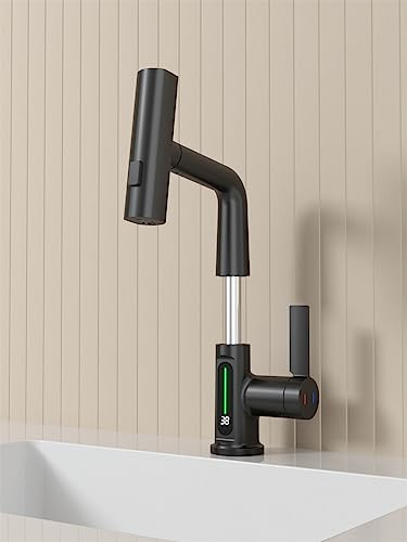 Weirun Bathroom Single Handle Basin Sink Pull Out Faucet with Rainfall Spray Head Temperature Digital Display Vanity Mixer Tap Matte Black