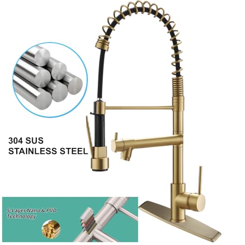 VIDEC Smart Kitchen Faucet, 3 Modes Pull Down Sprayer, Smart LED for Water Temperature Control, Ceramic Valve, 360-Degree Rotation, 1 or 3 Hole Deck Plate. (KW-21CG, Champagne Gold).