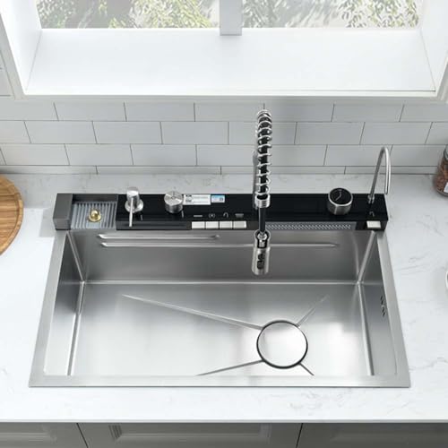 30 Inch Drop In Waterfall Kitchen Sink with Pull-out Faucet-Wesliv 30x18 Drop In Kitchen Sink Digital Display Kitchen Sink 18 Guage Multifunction Single Bowl Smart Kitchen Sink with Cup Washer