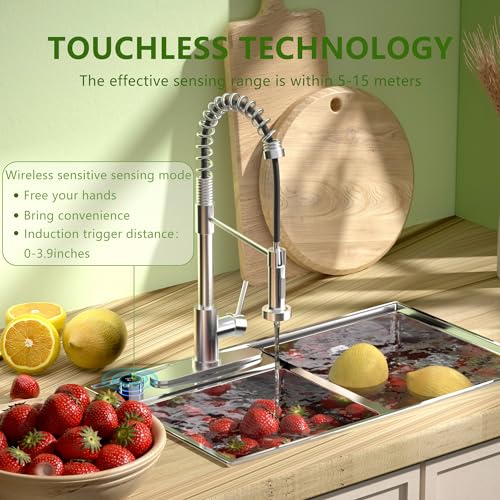 JIANIANHUA Touchless Kitchen Faucet Motion Sensor Smart Kitchen Sink Faucet with Pull Down Sprayer Commercial Modern Single Handle Kitchen Faucets Brushed Nickel Movable Sensor Faucet