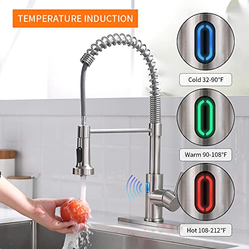 OWOFAN Touchless LED Light Kitchen Sink Faucet Pull Down Sprayer Smart Motion Sensor Activated Hands Free Single Handle Kitchen Faucet Brushed Nickel