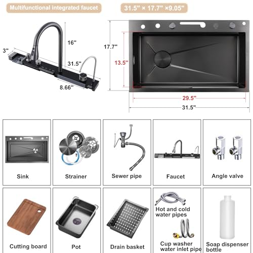 Black Kitchen Sink, Smart Waterfall Kitchen Sink 31.5" Drop In Kitchen Sink Workstation - 304 Stainless Steel Sink with Imitation honeycomb Nano Coating Single Bowl Kitchen Sinks with Faucet Combo