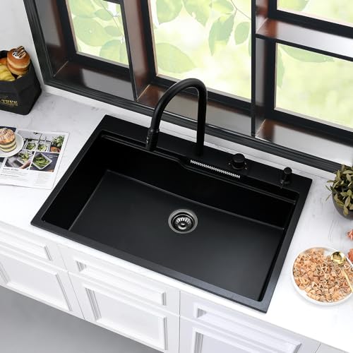 33 Black Drop In Waterfall Kitchen Sink with Faucet Combo-iAnomla 33x22 Drop In Kitchen Sink Smart Workstation Sink Black Quartz Multifunction Kitchen Sink Single Bowl Deep Kitchen Sink with Faucet