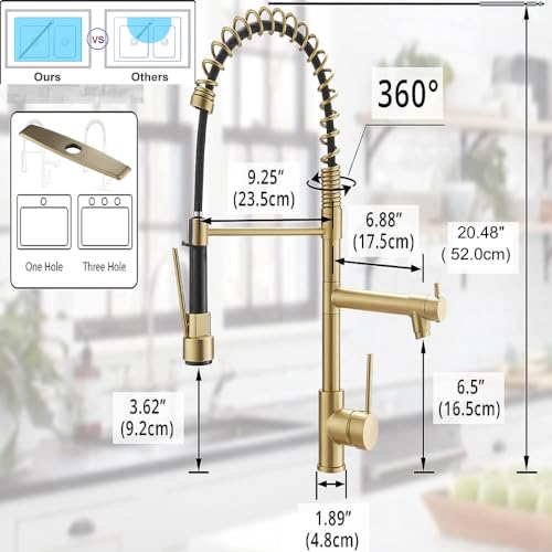 VIDEC Smart Kitchen Faucet, 3 Modes Pull Down Sprayer, Smart LED for Water Temperature Control, Ceramic Valve, 360-Degree Rotation, 1 or 3 Hole Deck Plate. (KW-21CG, Champagne Gold).