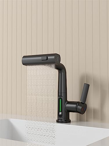 Weirun Bathroom Single Handle Basin Sink Pull Out Faucet with Rainfall Spray Head Temperature Digital Display Vanity Mixer Tap Matte Black