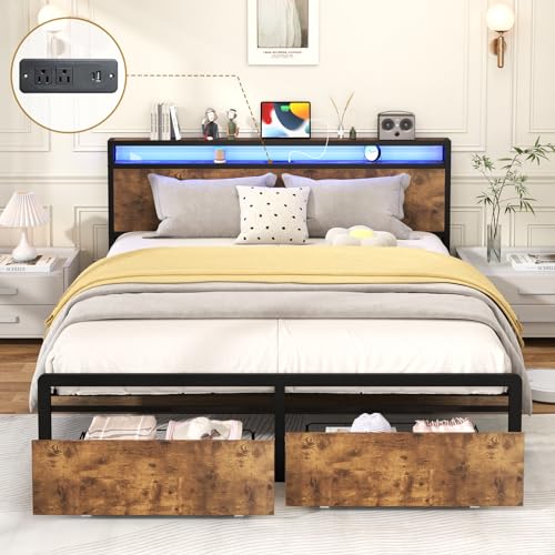 Kiivakii Full Size Bed Frame, LED Storage Headboard with Charging Station, 2 Drawers Platform Bed Frame, Stable and Solid, No Box Spring Needed, Rustic Brown