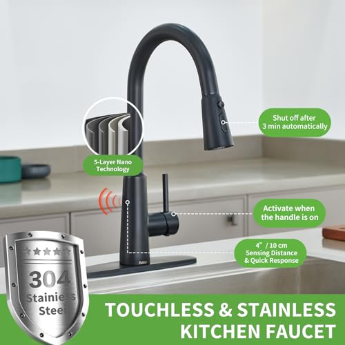 Tohlar Black Touchless Smart Kitchen Faucet with Pull Out Sprayer, Single Handle Motion Sensor High Arc Bar Faucets for Farmhouse Camper Rv Sink, Matte Black