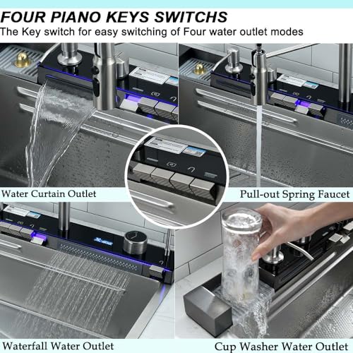 30 Inch Drop In Waterfall Kitchen Sink with Pull-out Faucet-Wesliv 30x18 Drop In Kitchen Sink Digital Display Kitchen Sink 18 Guage Multifunction Single Bowl Smart Kitchen Sink with Cup Washer