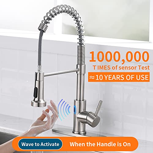 OWOFAN Touchless LED Light Kitchen Sink Faucet Pull Down Sprayer Smart Motion Sensor Activated Hands Free Single Handle Kitchen Faucet Brushed Nickel