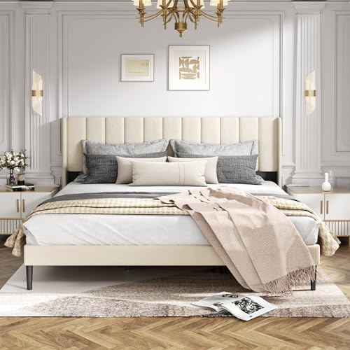 HAOARA King Size Velvet Bed Frame and Vertical Chanel Tufted Headboard, Upholstered Platform Bed wtih Wingback, Strong Wooden Slats, No Box Spring Needed, Beige