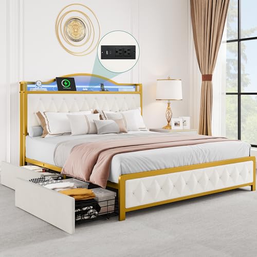 YITAHOME Queen Bed Frame with LED Lights, Platform Upholstered Bed with 4 Storage Drawers and Charging Station, Crystal Button-Tufted Headboard Footboard, No Box Spring Needed - White