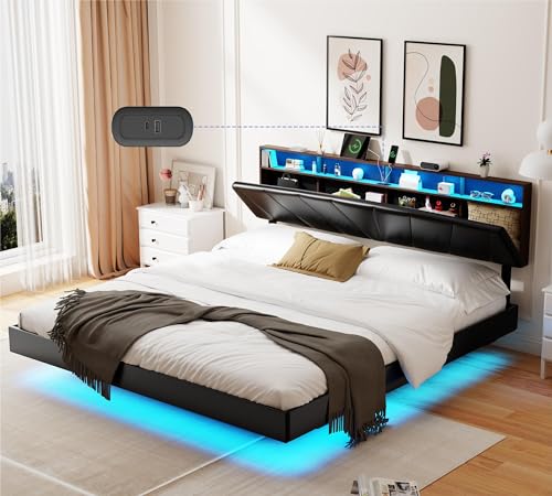 DYHOME Floating Bed Frame King Size with Headboard Storage, King Bed Frame with Charging Station & LED Lights, PU Leather Upholstered Platform Bed Frame, No Box Spring Needed, Easy Assembly, Black