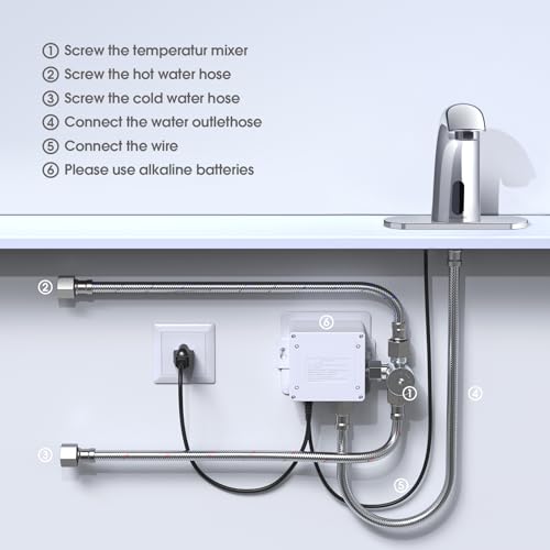 PRIMSOPH Automatic Motion Sensor Hands Free Electronic Infrared Smart Commercial Touchless Bathroom Sink Faucet with Cover Plate Temperature Mixer Battery or Plug-in Powered Satin Chrome