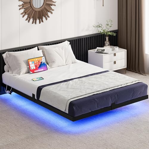 YITAHOME Floating Bed Frame Full Size, LED Bed Frame with Charging Station, Metal Platform Full Bed with Heavy Duty Steel Slats Supports, No Box Spring Needed, Easy Assembly, Black