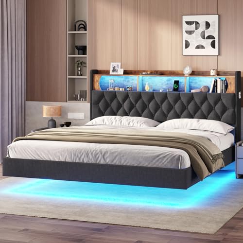 BTHFST King Floating Bed Frame with LED Light, Upholstered Headboard with Storage Headboard & Charging Station, King Platform Bed Frame (Dark Grey, King)
