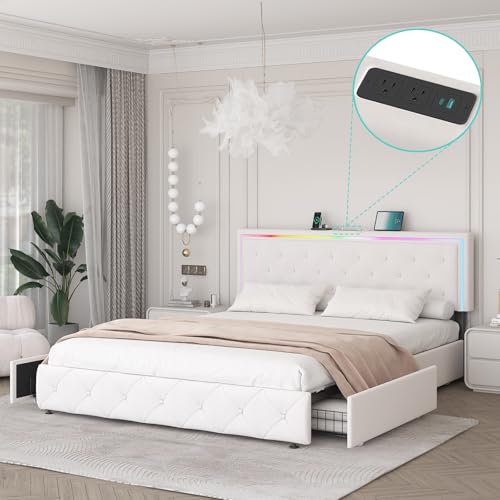 Queen Size Bed Frame with 4 Drawers and Adjustable LED Headboard, Velvet Upholstered Platform Storage Bed with Charging Station, Wooden Slats Support, No Box Spring Needed, White