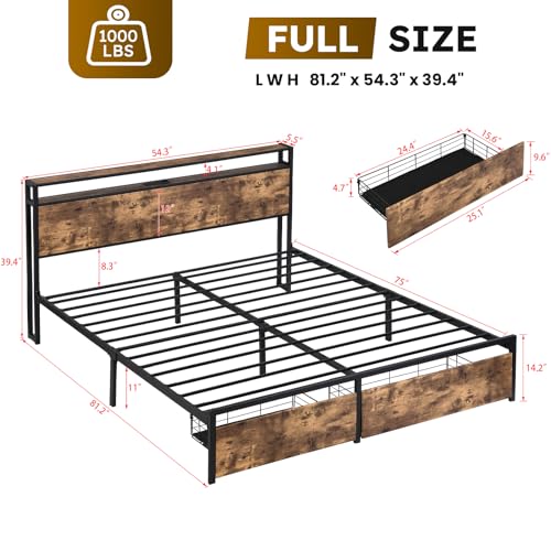 Kiivakii Full Size Bed Frame, LED Storage Headboard with Charging Station, 2 Drawers Platform Bed Frame, Stable and Solid, No Box Spring Needed, Rustic Brown