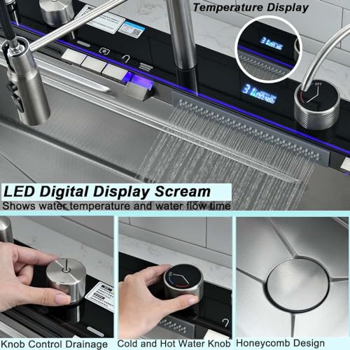 30 Inch Drop In Waterfall Kitchen Sink with Pull-out Faucet-Wesliv 30x18 Drop In Kitchen Sink Digital Display Kitchen Sink 18 Guage Multifunction Single Bowl Smart Kitchen Sink with Cup Washer