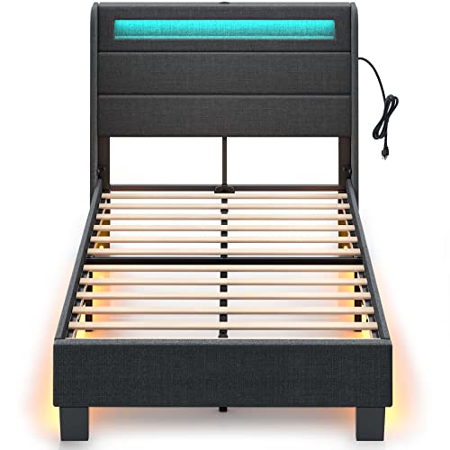 Rolanstar Bed Frame Twin Size with LED Lights and Charging Station, Upholstered Bed with Motion Activated Night Light and Wood Slats, Dark Grey