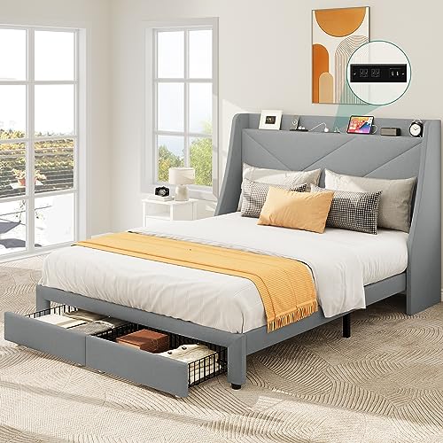 YITAHOME Storage Bed Frame, Queen Size Bed Frame with Type-C & USB Port and 2 Drawers, Upholstered Headboard Storage Shelf Platform Bed, No Box Spring Needed, Easy Assembly, Grey