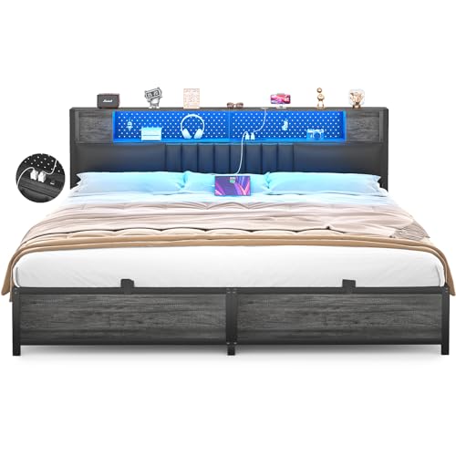 Unikito King Size Bed Frame with LED Light & Power Outlets, Platform Bed with Upholstered Headboard and Storage, Sturdy Metal Slats Support, No Box Spring Needed, Easy Assembly, Noise-Free, Black Oak