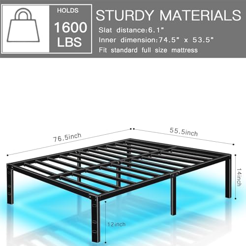 HAAGEEP Metal Full Size Bed Frame with Led Lights Double Platform Bedframe No Box Spring Needed Mattress Frames 14 Inch High