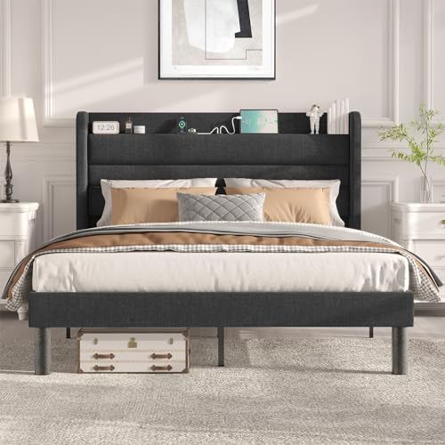 Flolinda king Size Bed Frame with Charging Station, Type-C & USB Ports, Linen Upholstered King Size Bed with Wingback Storage Headboard Shelf Heavy Duty, No Box Spring Needed, Dark Gray