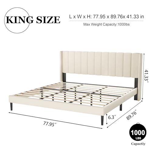 HAOARA King Size Velvet Bed Frame and Vertical Chanel Tufted Headboard, Upholstered Platform Bed wtih Wingback, Strong Wooden Slats, No Box Spring Needed, Beige